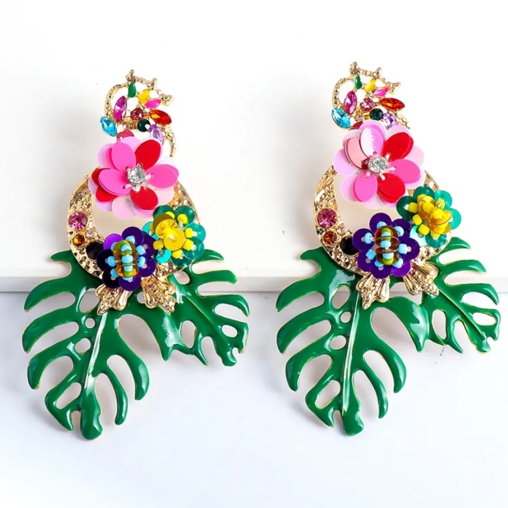Tropical monstera beaded sequins earrings gold New Big statement enamel green